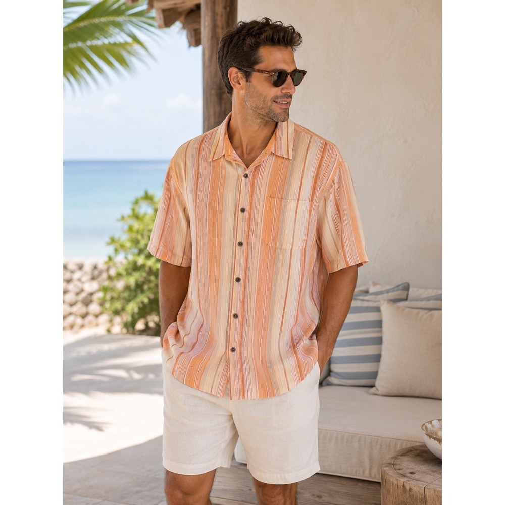 Tommy Bahama XL Linen Blend Shirt Coastal Resort Peach Stripe Cabana Vacation